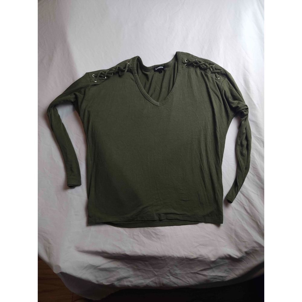 Express Shirt Top Womens Small Olive Green Lace Up 3/4 Sleevesā V-Neck Casual